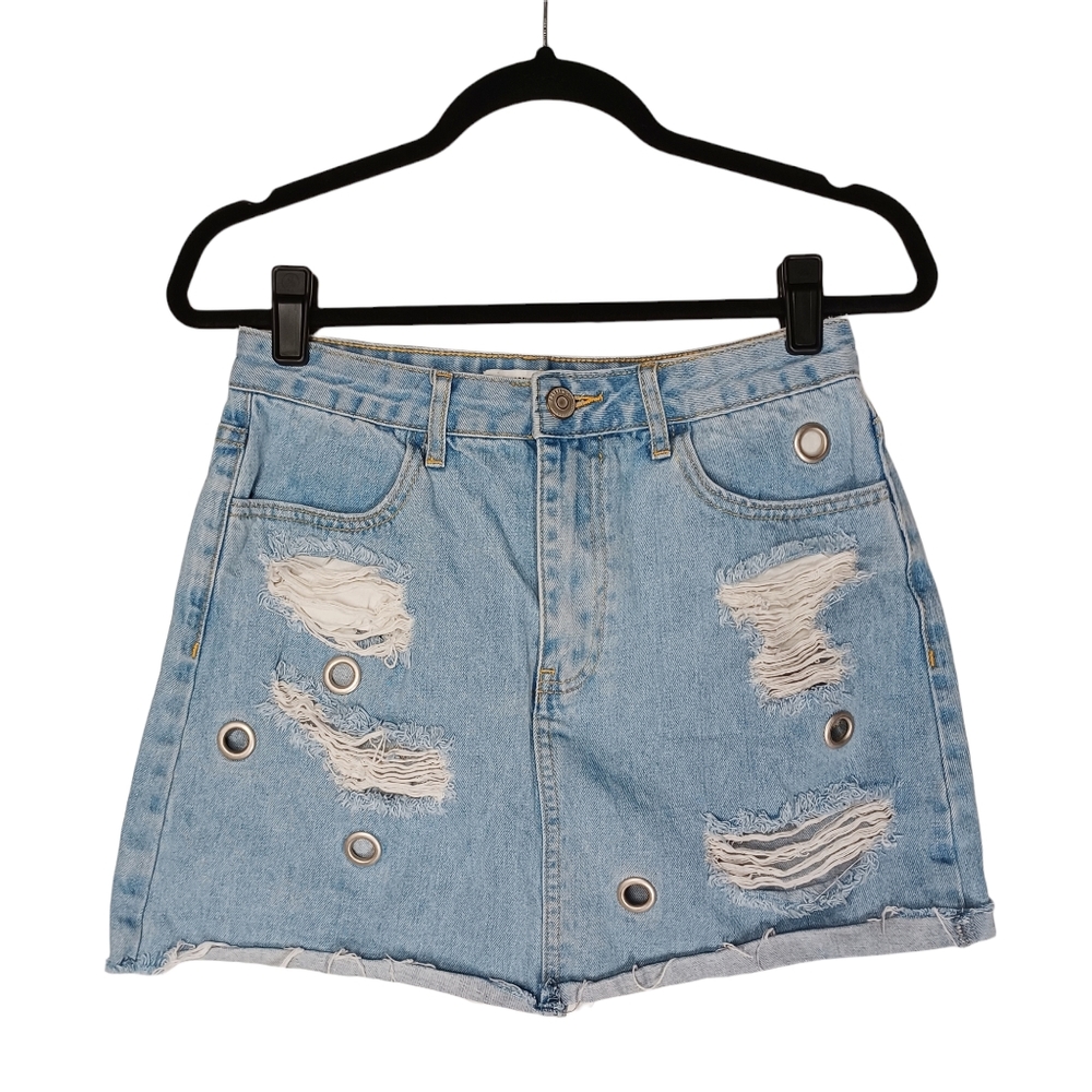 FOREVER 21 Silver Grommet Distressed Light Wash Raw Hem Jean Denim Skirt 28